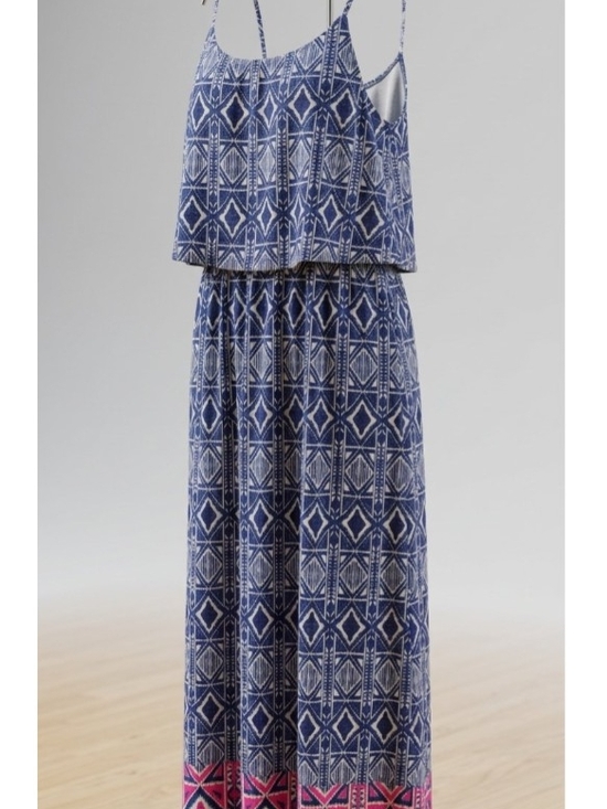 Mystic Dresses & Skirts - Blue Boho Geometric Maxi Dress with Pink Border - Women